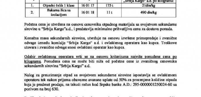 OGLAS ZA PRODAJU OTPADA SA SVOJSTVOM SEKUNDARNE SIROVINE – KARGO SEKCIJA SUBOTICA