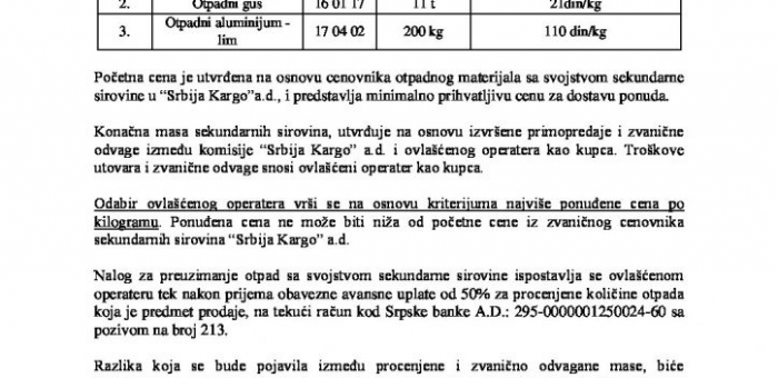 ОГЛАС  ЗА ПРОДАЈУ ОТПАДА СА СВОЈСТВОМ СЕКУНДАРНЕ СИРОВИНЕ – КАРГО СЕКЦИЈА НИШ