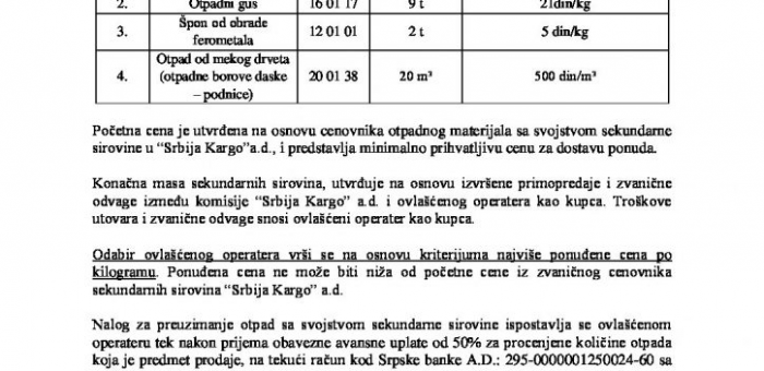 ОГЛАС  ЗА ПРОДАЈУ ОТПАДА СА СВОЈСТВОМ СЕКУНДАРНЕ СИРОВИНЕ – КАРГО СЕКЦИЈА БЕОГРАД