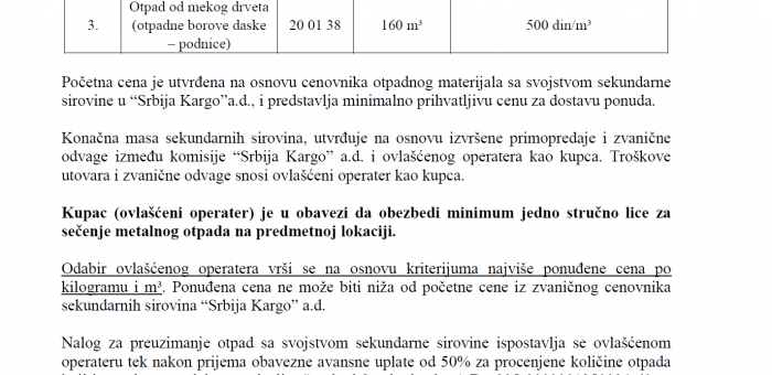 OGLAS ZA PRODAJU OTPADNOG MATERIJALA SA SVOJSTVOM SEKUNDARNE SIROVINE – KARGO SEKCIJA BEOGRAD (V.PLANA)