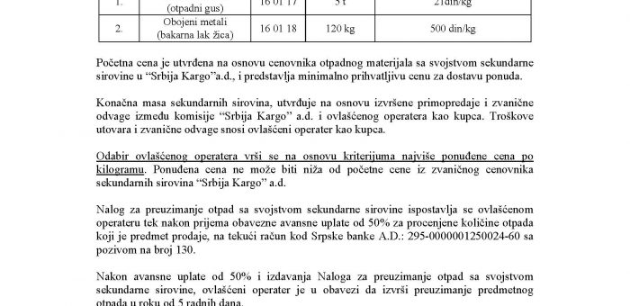 OГЛАС ЗА ПРОДАЈУ ОТПАДНОГ МАТЕРИЈАЛА СА СВОЈСТВОМ СЕКУНДАРНЕ СИРОВИНЕ – КАРГО СЕКЦИЈА КРАЉЕВО