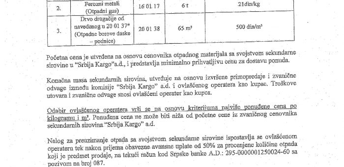 ОГЛАС ЗА ПРОДАЈУ ОТПАДА СА СВОЈСTВОМ СЕКУНДАРНЕ СИРОВИНЕ