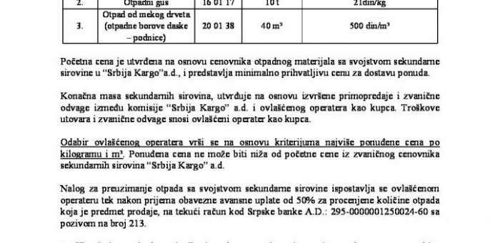 OGLAS  ZA PRODAJU OTPADA SA SVOJSTVOM SEKUNDARNE SIROVINE – KARGO SEKCIJA NIŠ