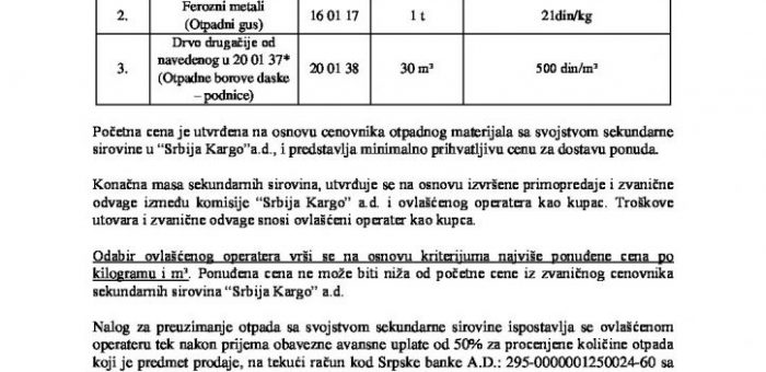 OGLAS  ZA PRODAJU OTPADNOG MATERIJALA SA SVOJSTVOM SEKUNDARNE SIROVINE – VELIKA PLANA