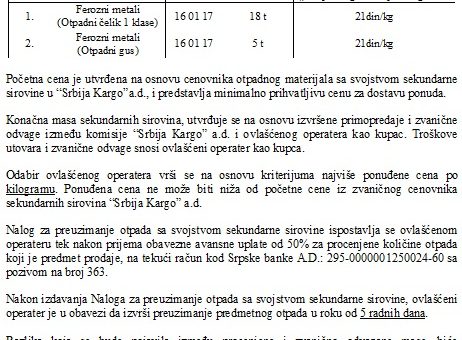 OGLAS  ZA PRODAJU OTPADNOG MATERIJALA SA SVOJSTVOM SEKUNDARNE SIROVINE KARGO SEKCIJA BEOGRAD-ŠINVOZ