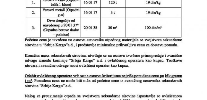 ОГЛАС ЗА ПРОДАЈУ ОТПАДНОГ МАТЕРИЈАЛА СА СВОЈСTВОМ СЕКУНДАРНЕ СИРОВИНЕ