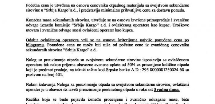 OGLAS ZA PRODAJU OTPADNOG MATERIJALA SA SVOJSTVOM SEKUNDARNE SIROVINE