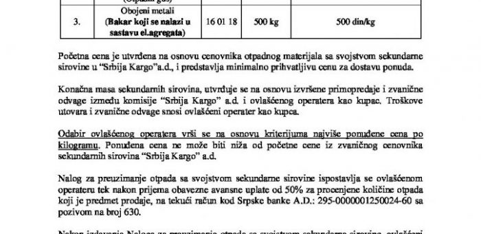 OGLAS ZA PRODAJU OTPADNOG MATERIJALA SA SVOJSTVOM SEKUNDARNE SIROVINE