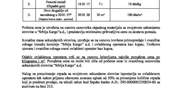 ОГЛАС ЗА ПРОДАЈУ ОТПАДНОГ МАТЕРИЈАЛА СА СВОЈСTВОМ СЕКУНДАРНЕ СИРОВИНЕ