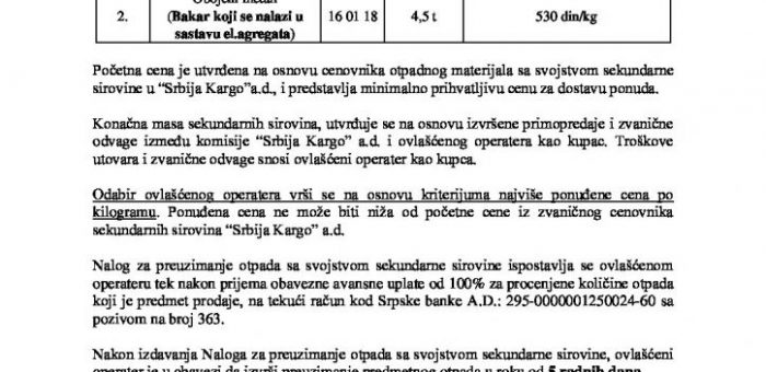 OGLAS ZA PRODAJU OTPADNOG MATERIJALA SA SVOJSTVOM SEKUNDARNE SIROVINE