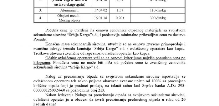 OGLAS ZA PRODAJU OTPADNOG MATERIJALA SA SVOJSTVOM SEKUNDARNE SIROVINE