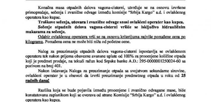 OGLAS ZA PRODAJU OTPADNOG MATERIJALA SA SVOJSTVOM SEKUNDARNE SIROVINE